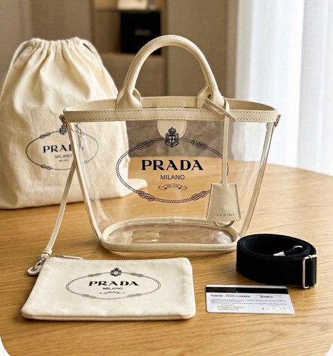 Prada clear white logo tote - prada, clear/white